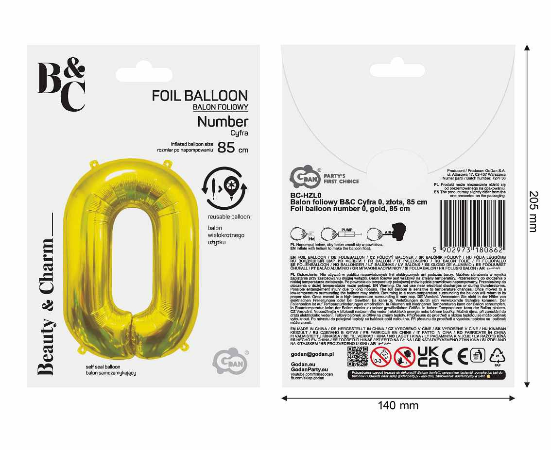 Foil Balloon B&C Number 0, Gold, 85 cm